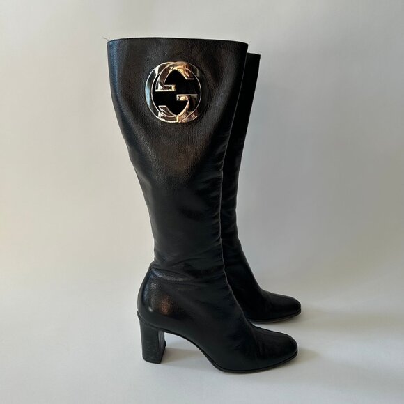 GUCCI BY TOM FORD GG INTERLOCKING BLACK LEATHER BOOTS - Picture 5 of 10